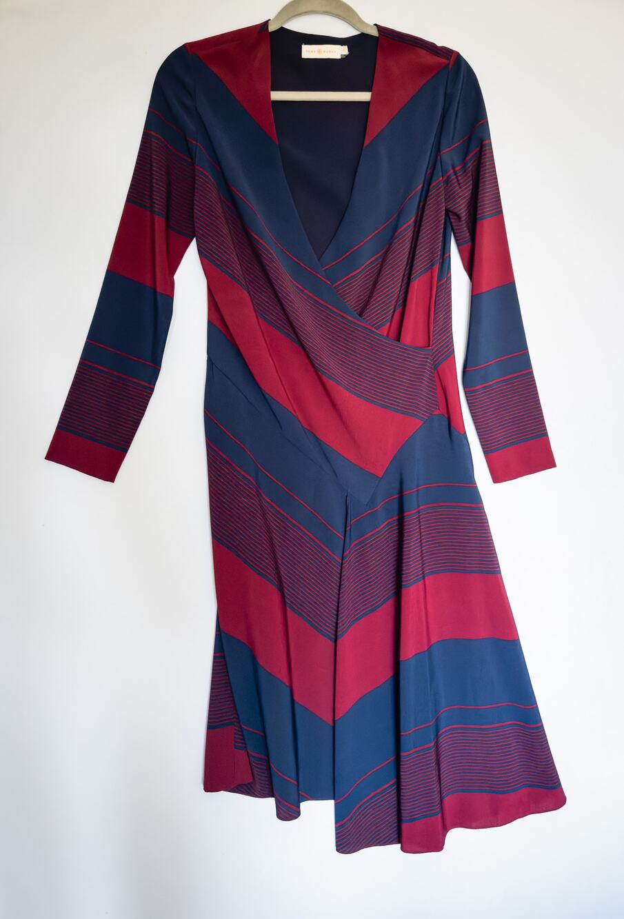 Tory Burch Lyon Long-Sleeve Faux Wrap Dress Navy & Wine Print Size 2